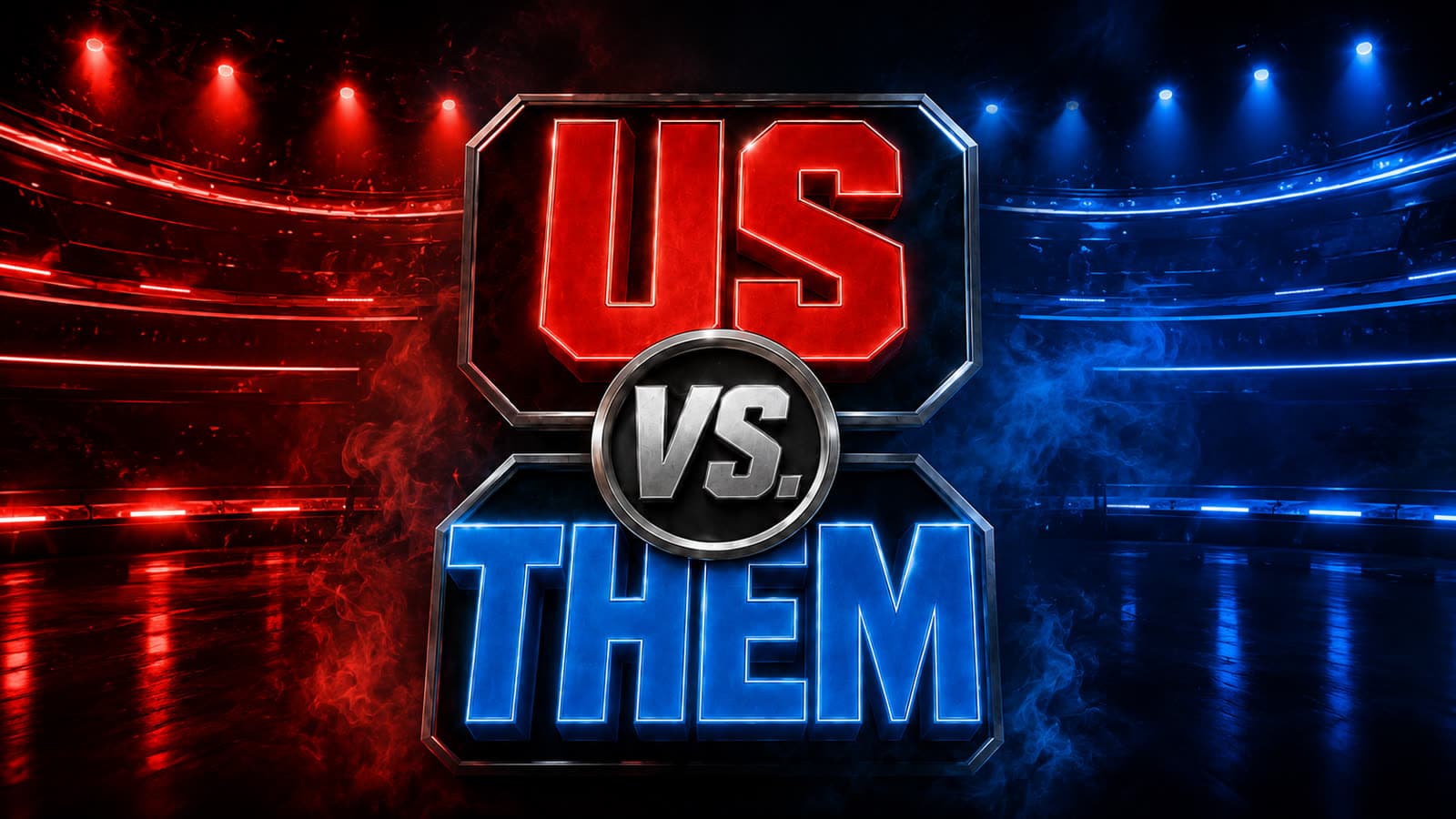 Us vs. Them game show logo on a red and blue arena stage